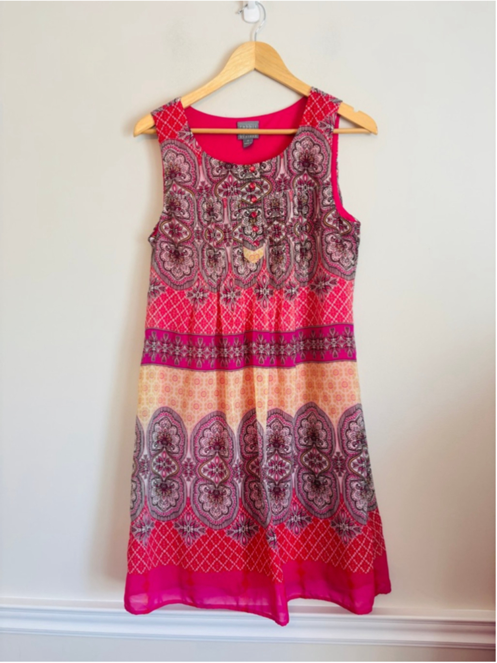 Rabbit Rabbit Rabbit Fuchsia Pink Paisley Chiffon Shift Boho Dress Lined Sz 10